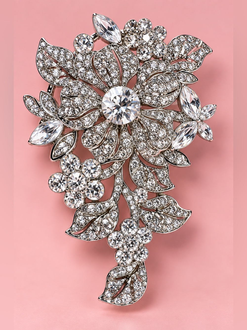 Crystal Floral Statement Brooch - Silver Tone